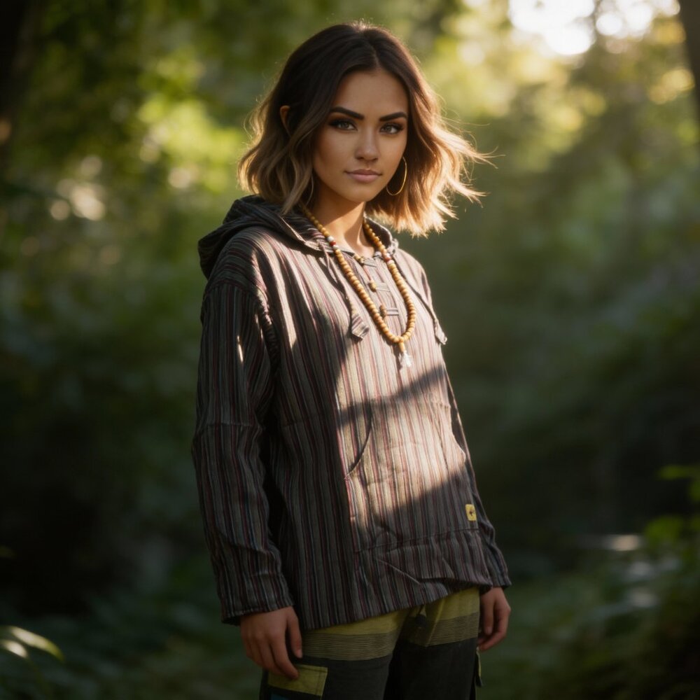 Cotton Baja Hoodie With Pocket - Stripes (Black)